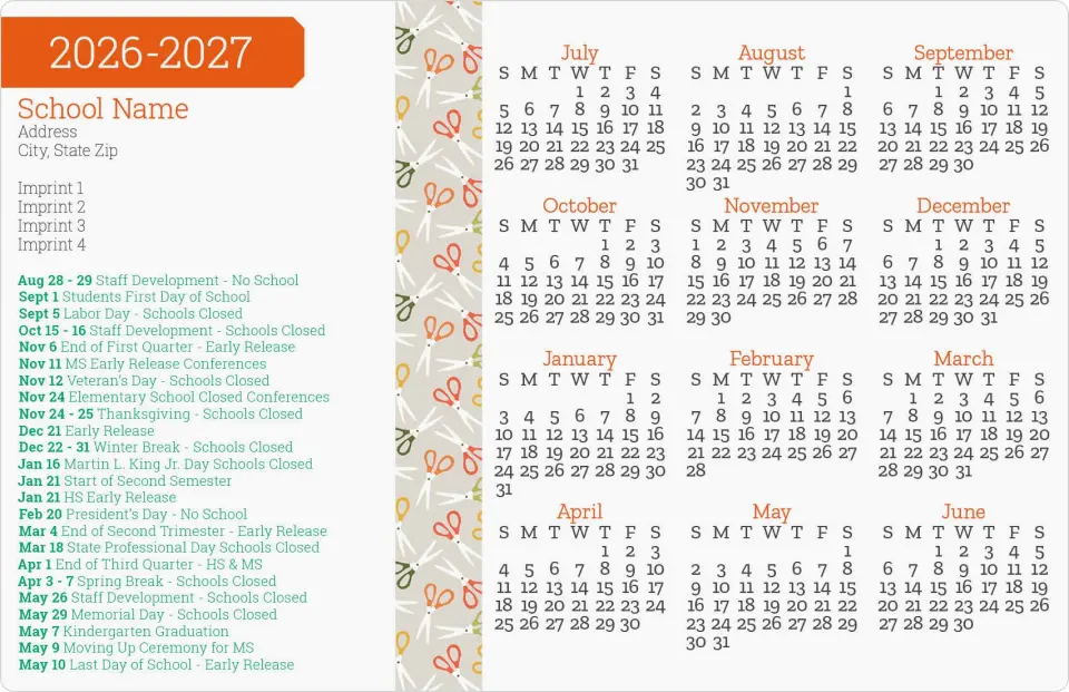 This is a 5½" x 8½" School Calendar Magnet called Cutting Through the Year printed in full color