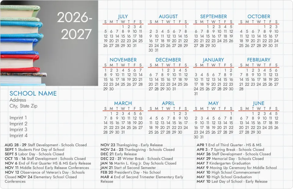 This is a 5½" x 8½" School Calendar Magnet called Book Stack printed in full color
