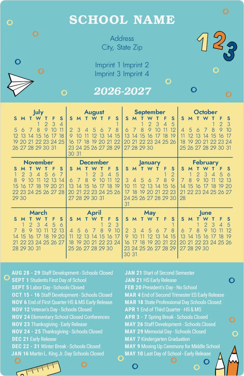 This is a 5½" x 8½" School Calendar Magnet called Counting Down printed in full color