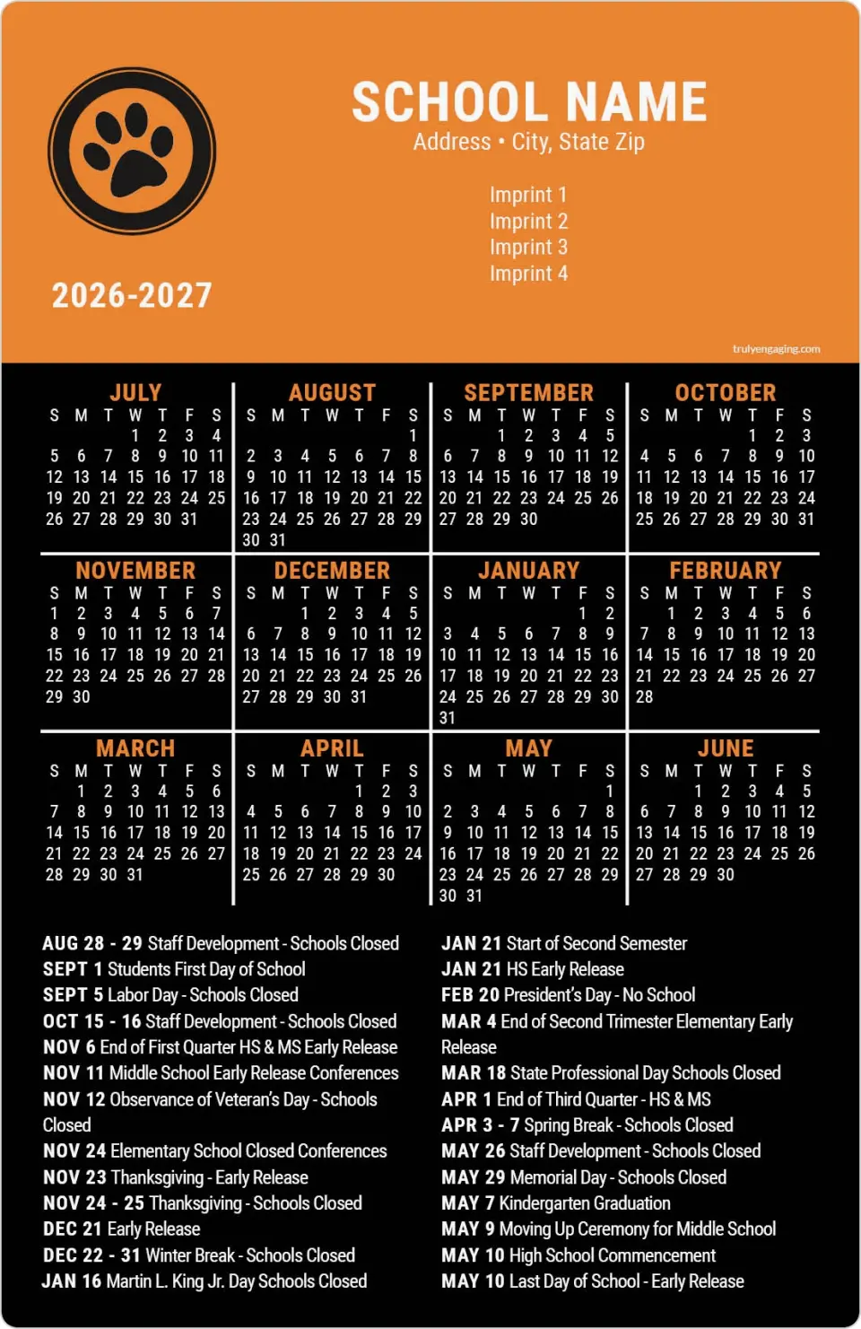 This is a 5½" x 8½" School Calendar Magnet called The Year Ahead printed in full color