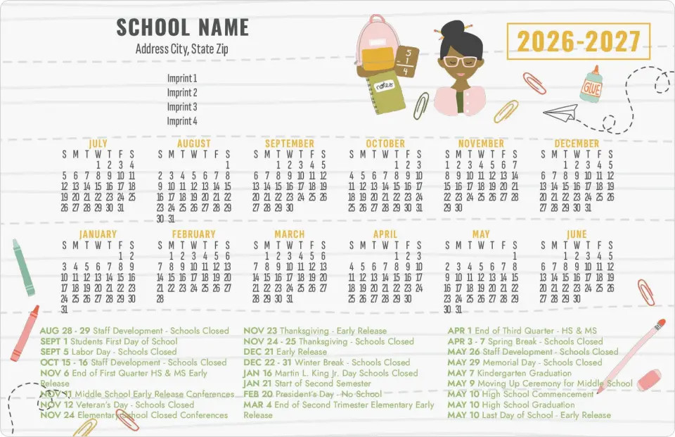 This is a 5½" x 8½" School Calendar Magnet called A+ Agenda printed in full color