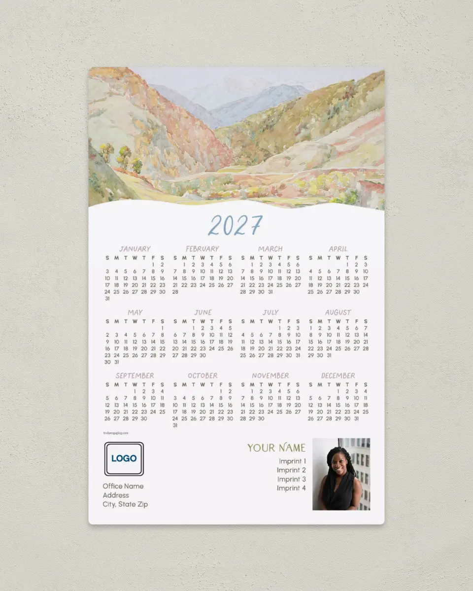 This is a 5½" x 8½" Full Magnet Calendar called Over the Peaks printed in full color with a Standard Gloss finish