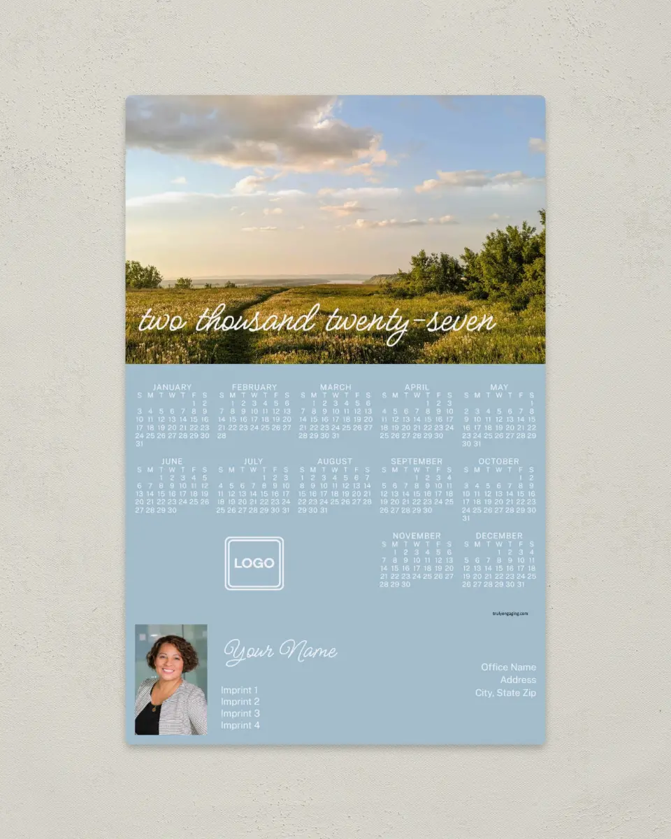 This is a 5½" x 8½" Full Magnet Calendar called Grassy Fields printed in full color with a Standard Gloss finish