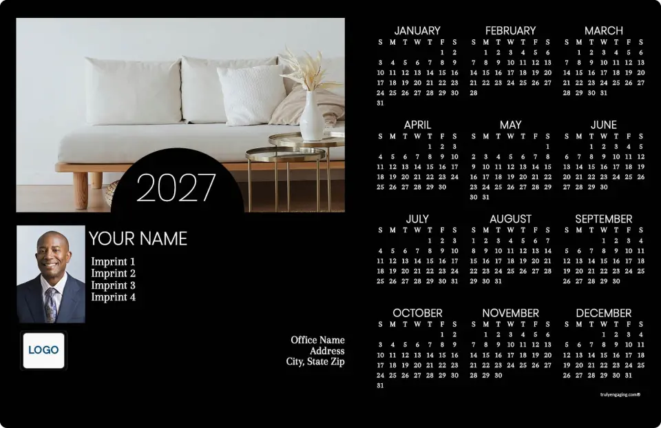 This is a 5½" x 8½" Full Magnet Calendar called Modern Manor printed in full color with Gold foil and a Soft Touch finish