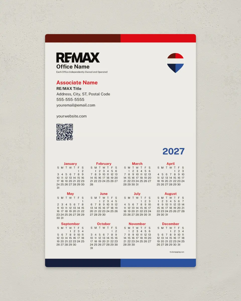 This is a 5½" x 8½" REMAX Calendar called REMAX Bold Bands printed in full color with a Standard Gloss finish
