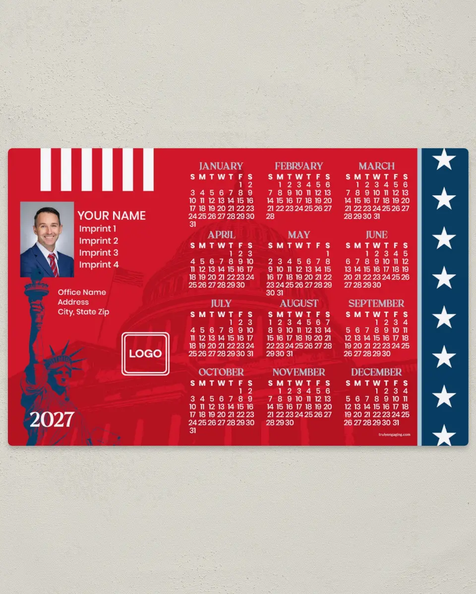 This is a 5½" x 8½" Full Magnet Calendar called Stripes & Stars printed in full color with a Standard Gloss finish