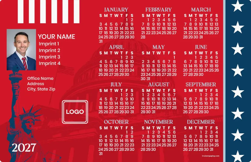 This is a 5½" x 8½" Full Magnet Calendar called Stripes & Stars printed in full color with Silver foil and a Soft Touch finish
