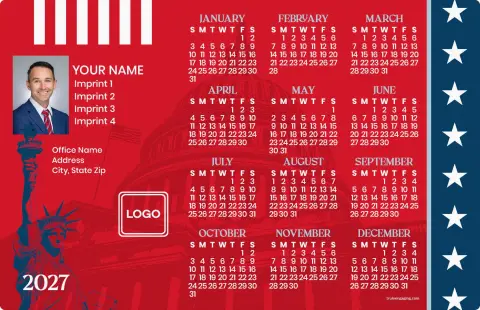 This is a 5½" x 8½" Full Magnet Calendar called Stripes & Stars printed in full color with a Standard Gloss finish