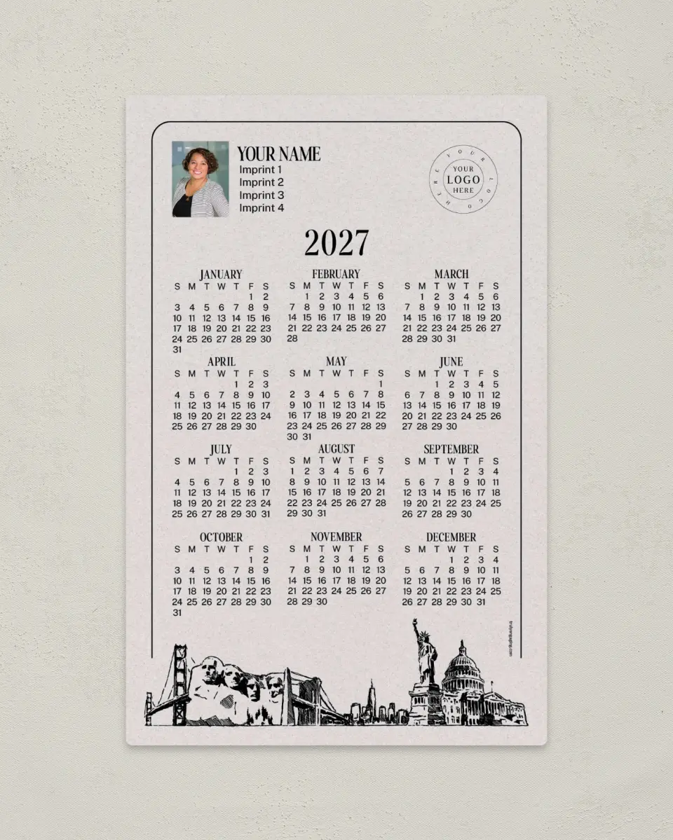 This is a 5½" x 8½" Full Magnet Calendar called USA Skylines printed in full color with a Standard Gloss finish