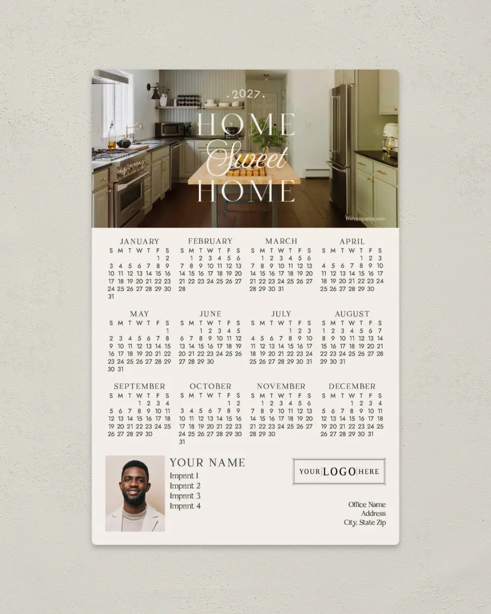 This is a 5½" x 8½" Full Magnet Calendar called Sweetly Home printed in full color with Gold foil and a Soft Touch finish