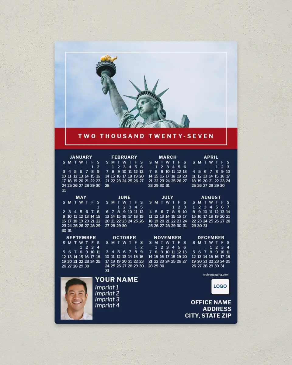 This is a 5½" x 8½" Full Magnet Calendar called Lady Liberty printed in full color with a Standard Gloss finish