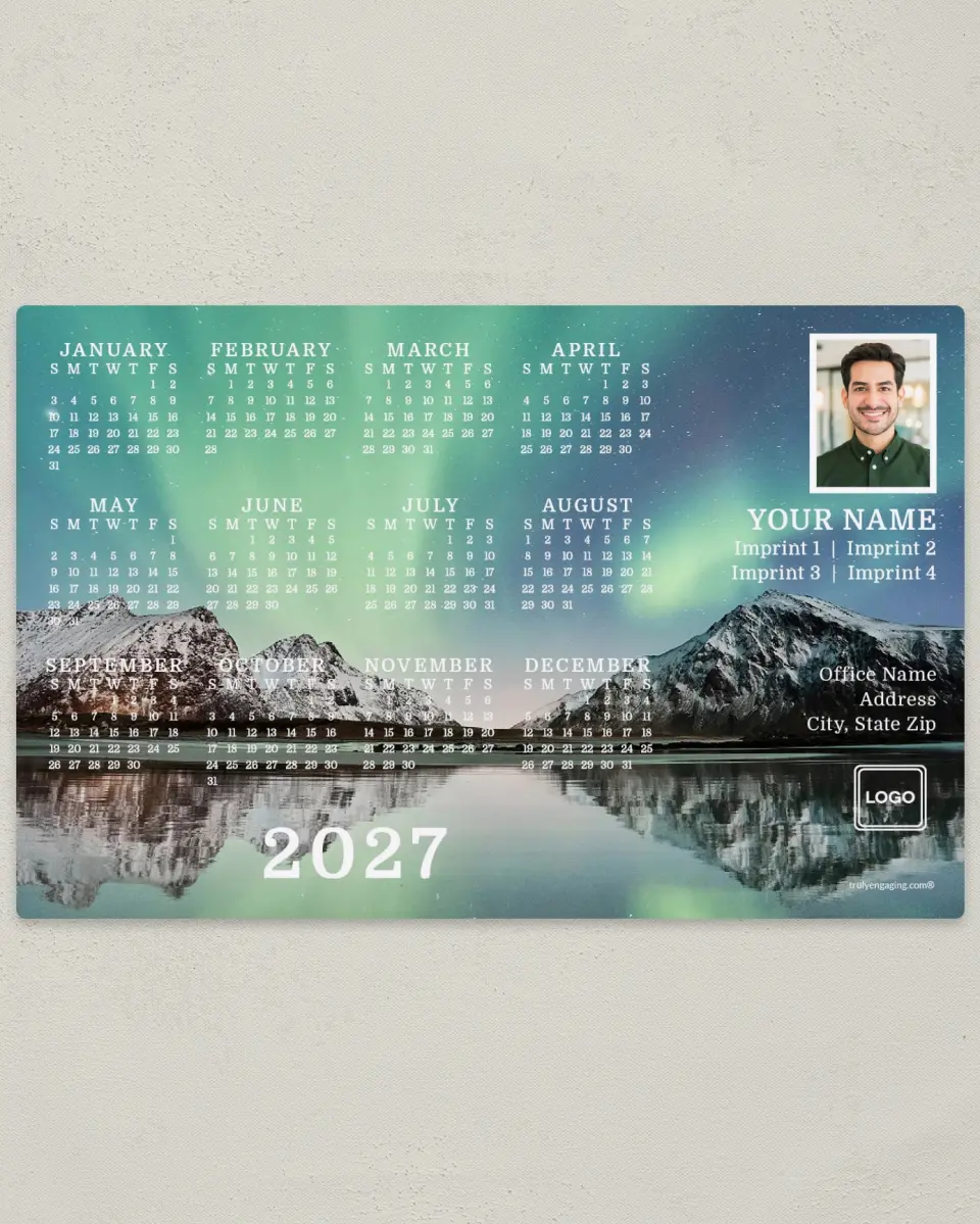 This is a 5½" x 8½" Full Magnet Calendar called Dancing Lights printed in full color with Gold foil and a Soft Touch finish