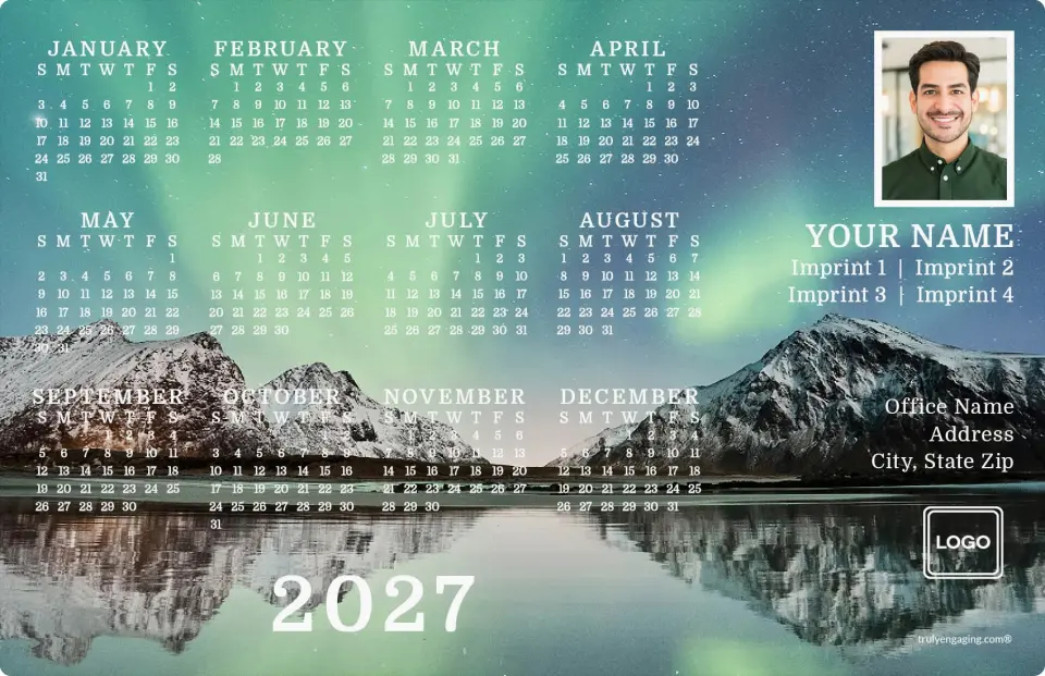 This is a 5½" x 8½" Full Magnet Calendar called Dancing Lights printed in full color with Gold foil and a Soft Touch finish