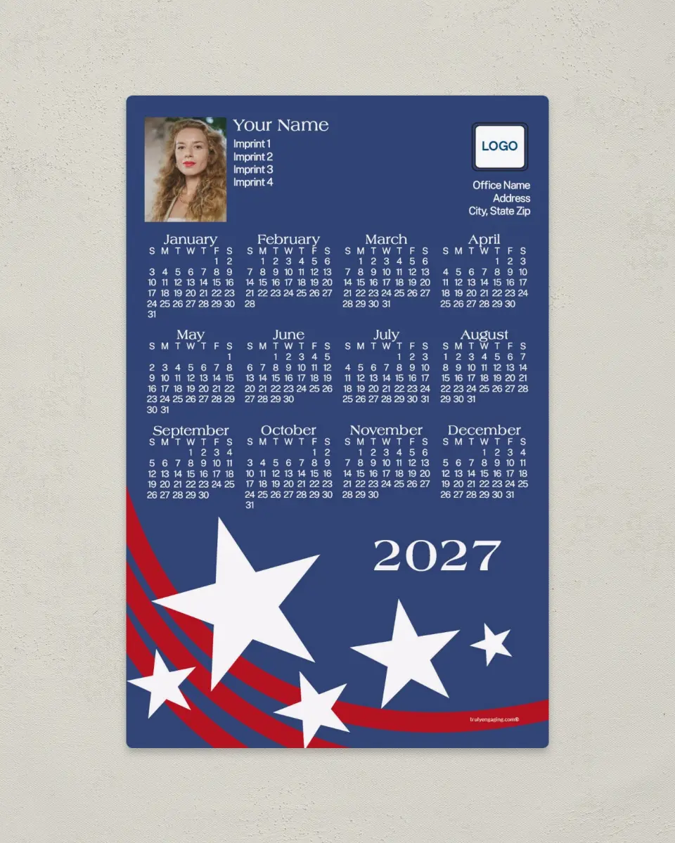 This is a 5½" x 8½" Full Magnet Calendar called Land of the Free printed in full color with a Standard Gloss finish
