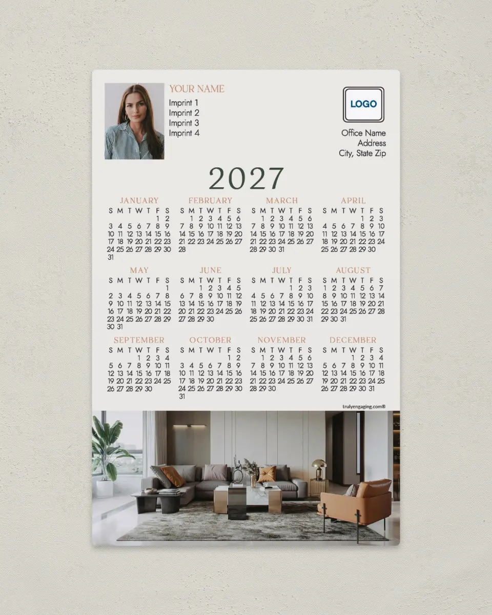 This is a 5½" x 8½" Full Magnet Calendar called Clean and Modern printed in full color with Gold foil and a Soft Touch finish