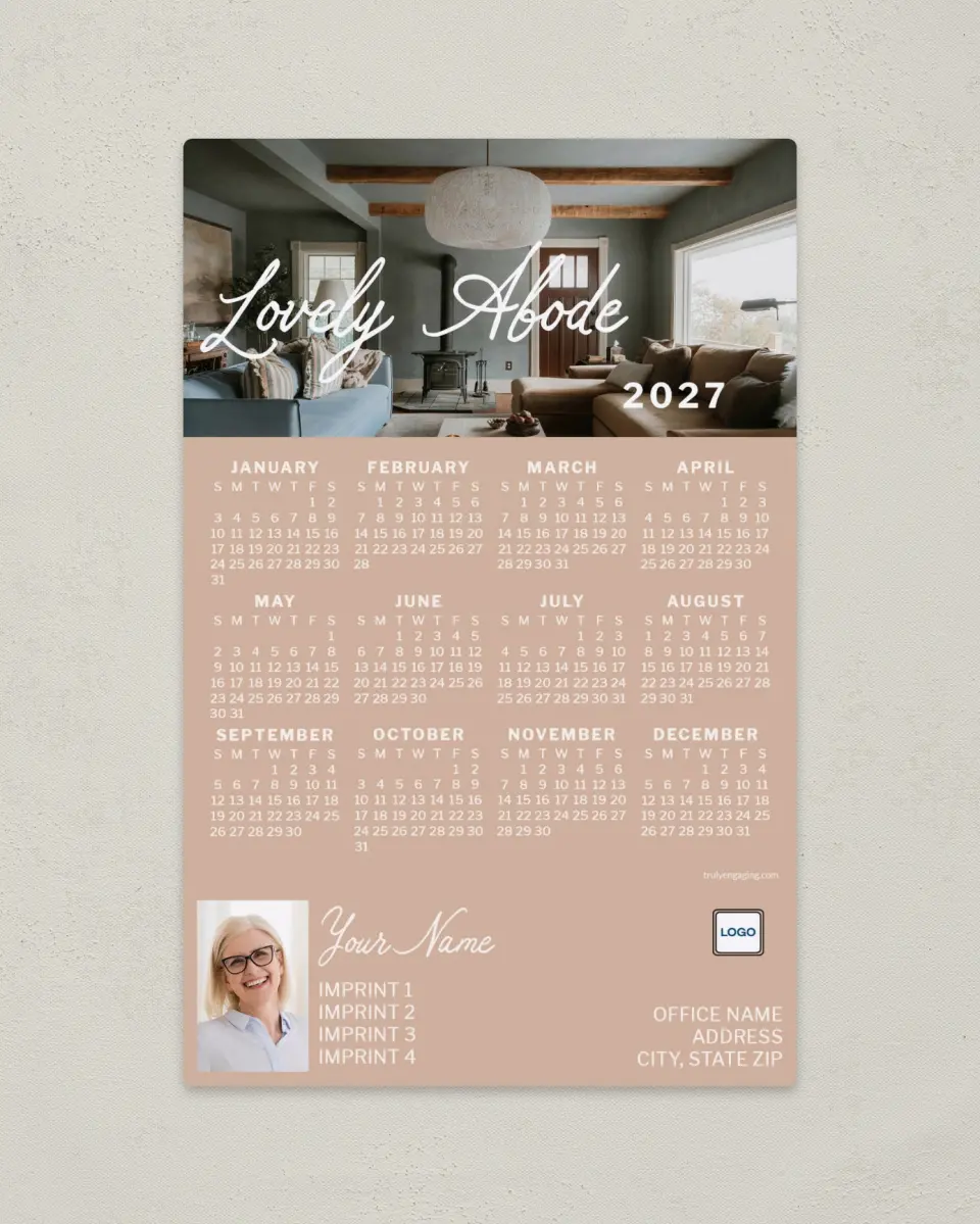 This is a 5½" x 8½" Full Magnet Calendar called Lovely Abode printed in full color with Gold foil and a Soft Touch finish