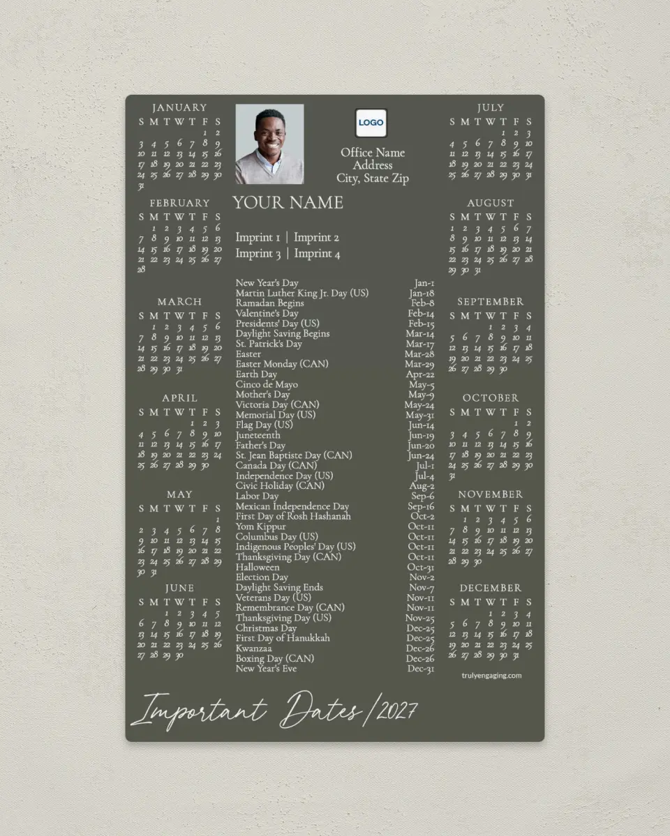 This is a 5½" x 8½" Full Magnet Calendar called All The Info printed in full color with Gold foil and a Soft Touch finish