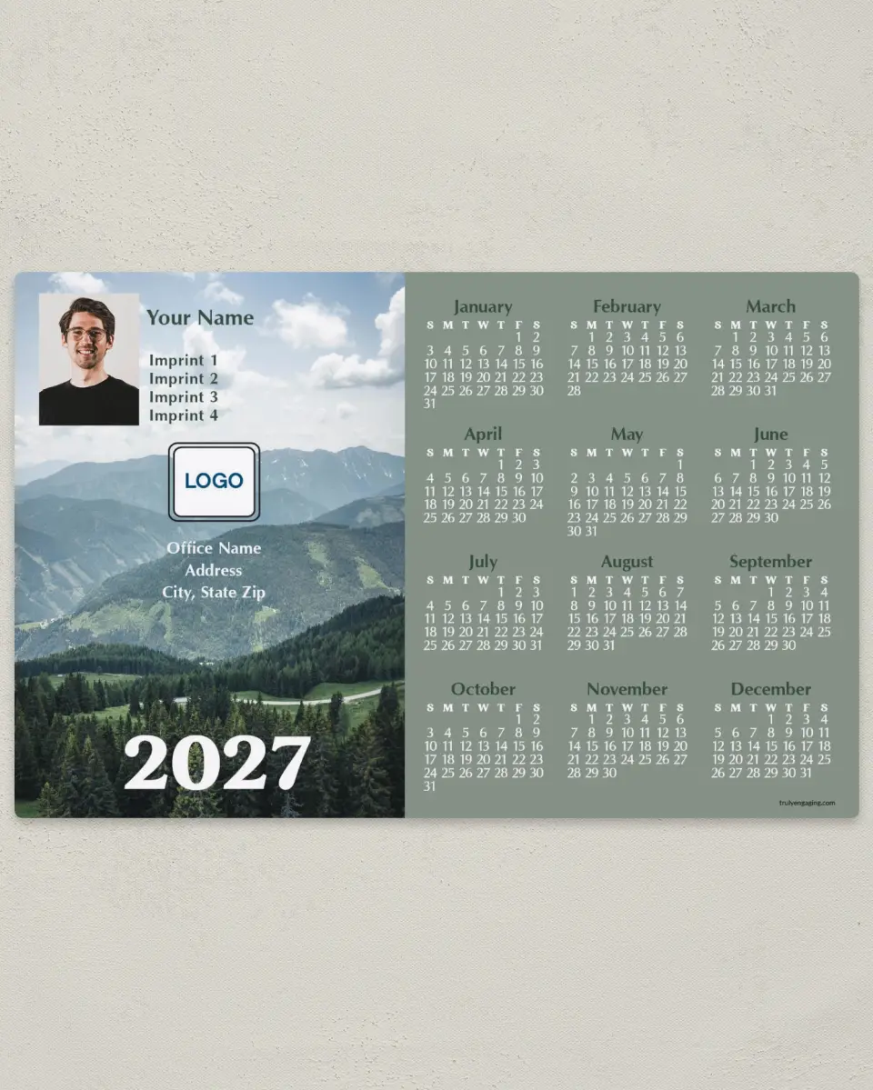 This is a 5½" x 8½" Full Magnet Calendar called Mountains of Pine printed in full color with Gold foil and a Soft Touch finish
