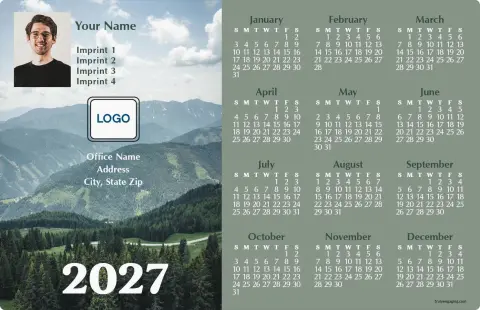 This is a 5½" x 8½" Full Magnet Calendar called Mountains of Pine printed in full color with a Standard Gloss finish