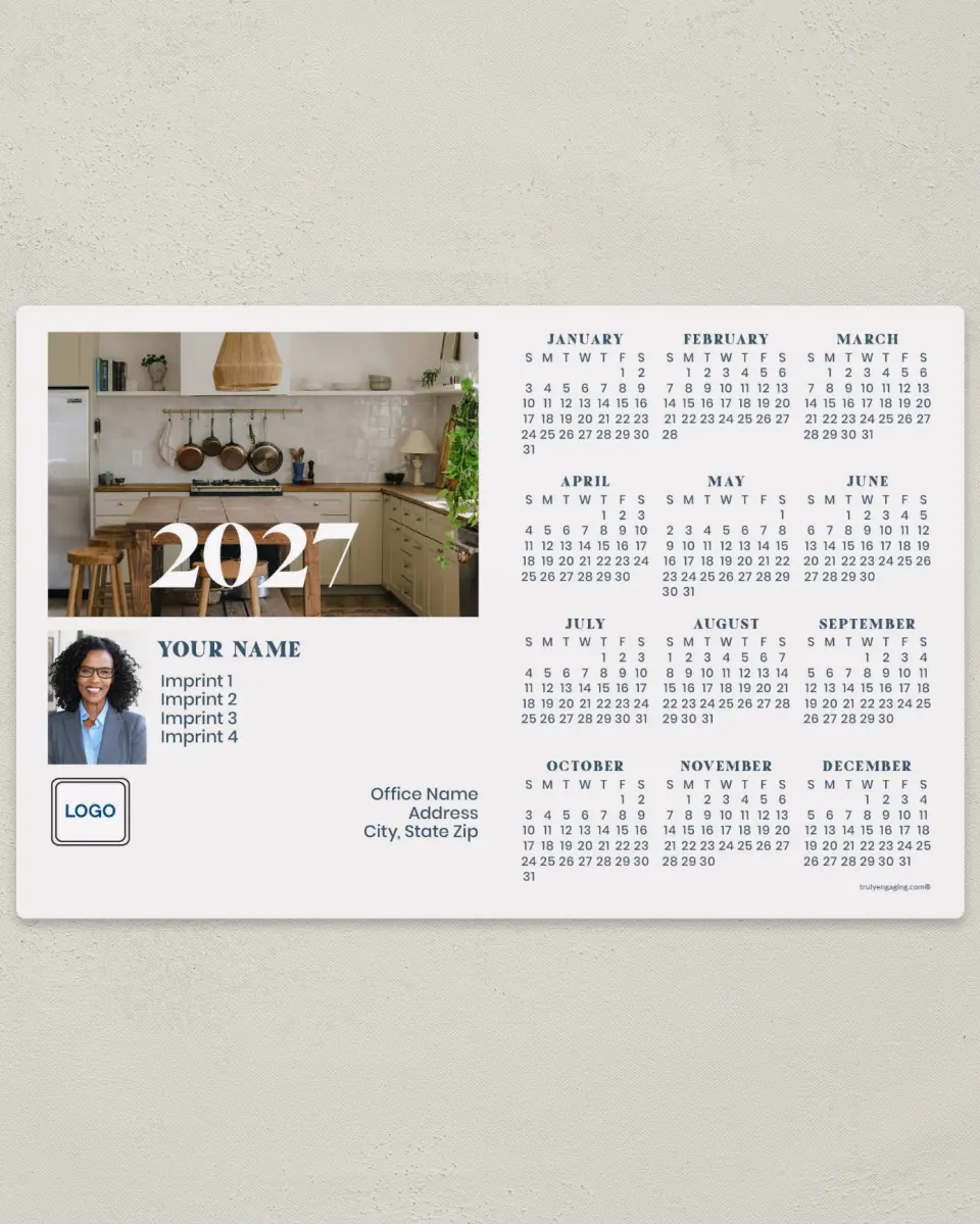 This is a 5½" x 8½" Full Magnet Calendar called Home Base printed in full color with Gold foil and a Soft Touch finish