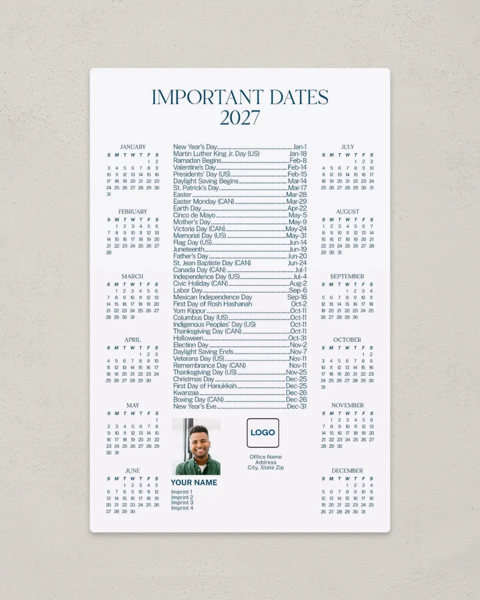 This is a 5½" x 8½" Full Magnet Calendar called Calendar Corner printed in full color with Gold foil and a Soft Touch finish