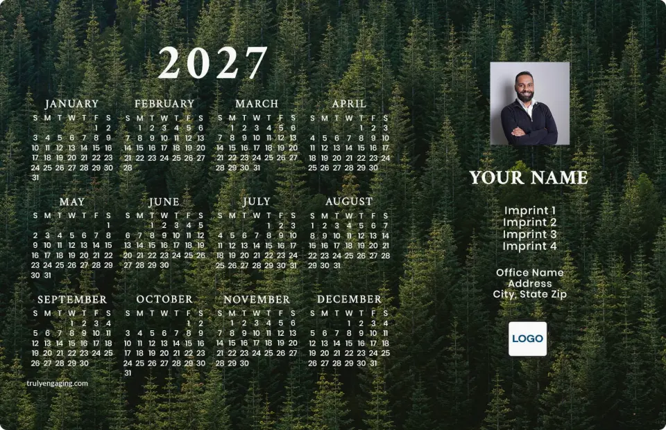 This is a 5½" x 8½" Full Magnet Calendar called Forest Trail printed in full color with Gold foil and a Soft Touch finish