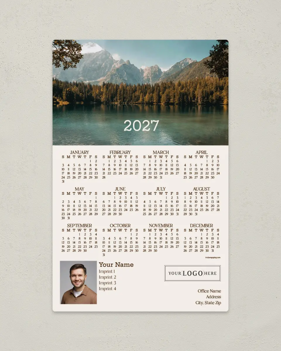 This is a 5½" x 8½" Full Magnet Calendar called Majestic Lake printed in full color with Gold foil and a Soft Touch finish
