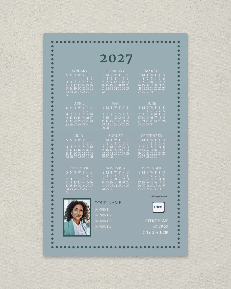 This is a 5½" x 8½" Full Magnet Calendar called Dotted I's printed in full color with Gold foil and a Soft Touch finish