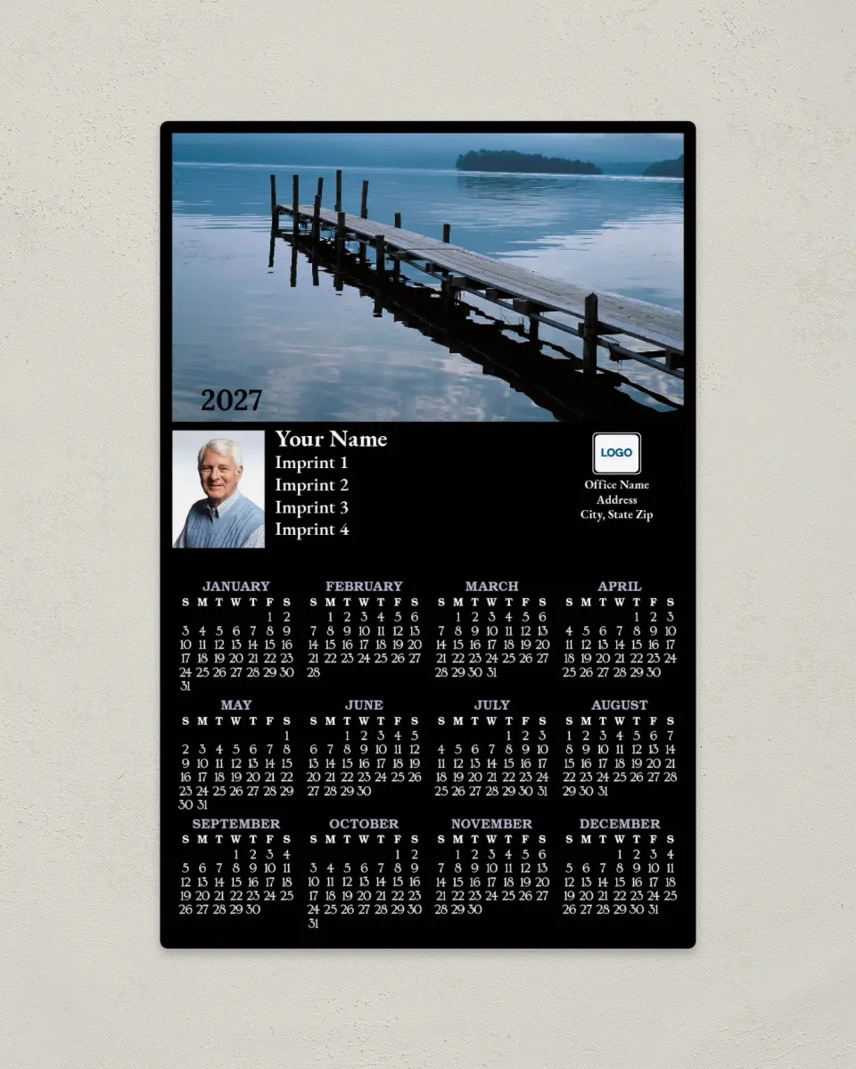 This is a 5½" x 8½" Full Magnet Calendar called Dock in Water, Black Background printed in full color with a Standard Gloss finish