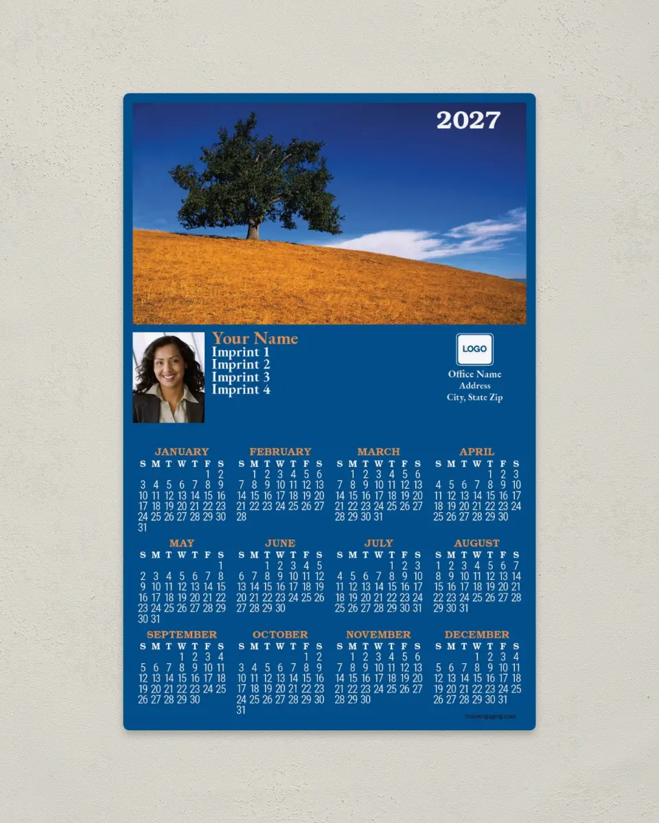 This is a 5½" x 8½" Full Magnet Calendar called Tree in Field, Blue Background printed in full color with a Standard Gloss finish