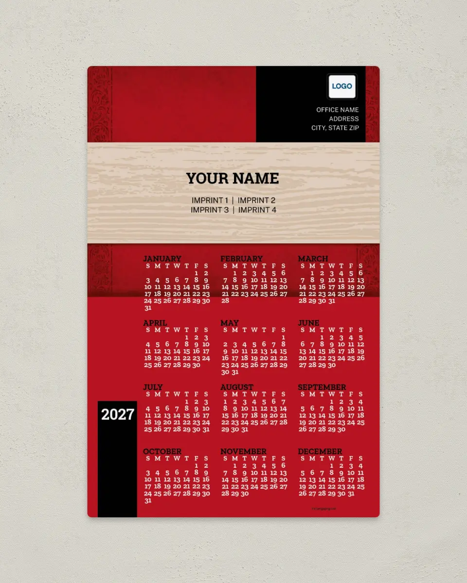 This is a 5½" x 8½" Full Magnet Calendar called Wood Banner printed in full color with a Standard Gloss finish