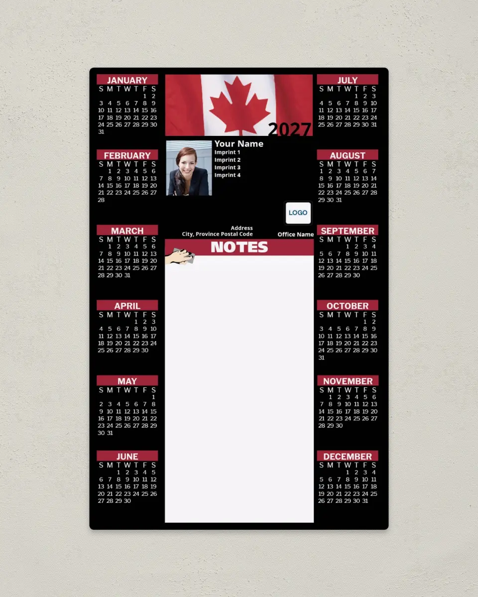 This is a 5½" x 8½" Full Magnet Calendar called Black Background with Canadian Flag printed in full color with a Standard Gloss finish