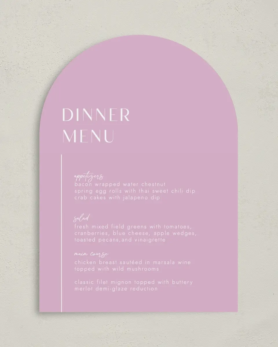 This is a 5" x 7" Wedding Menu Card called The Brooklyn printed in full color with Silver foil on Luxe Satin paper
