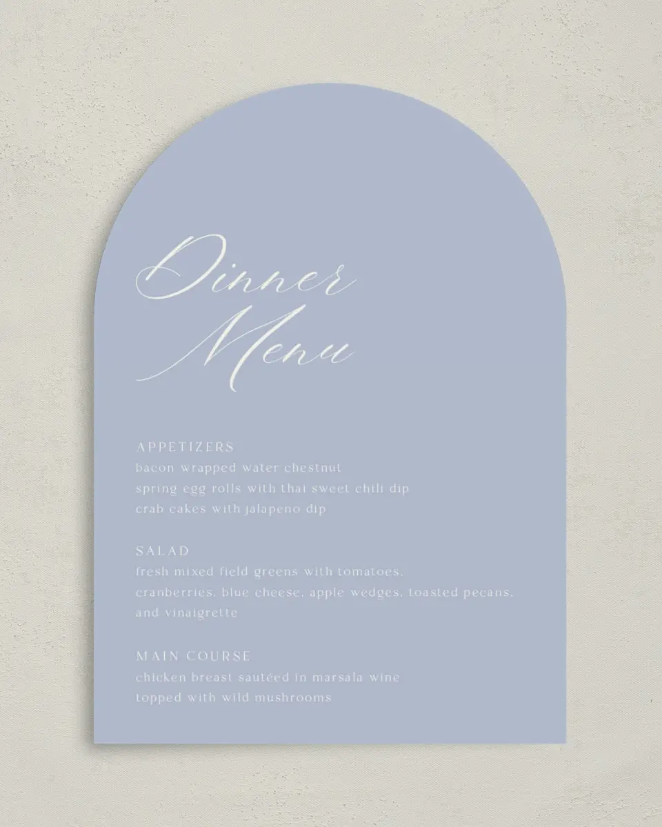 This is a 5" x 7" Wedding Menu Card called The Savannah printed in full color with Rose Gold foil on Luxe Satin paper