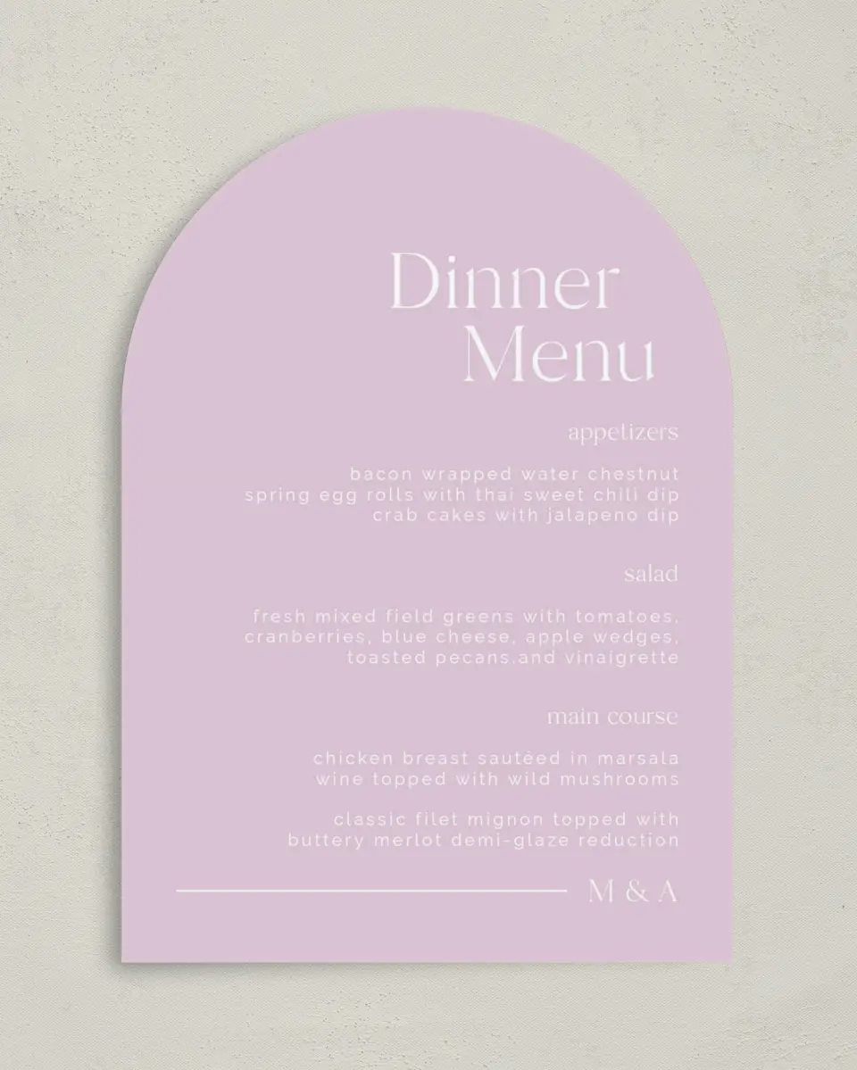 This is a 5" x 7" Wedding Menu Card called The Morgan printed in full color on Premium Smooth paper