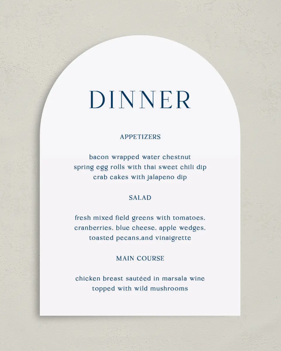 This is a 5" x 7" Wedding Menu Card called The Sophia printed in full color with Gold foil on Luxe Satin paper