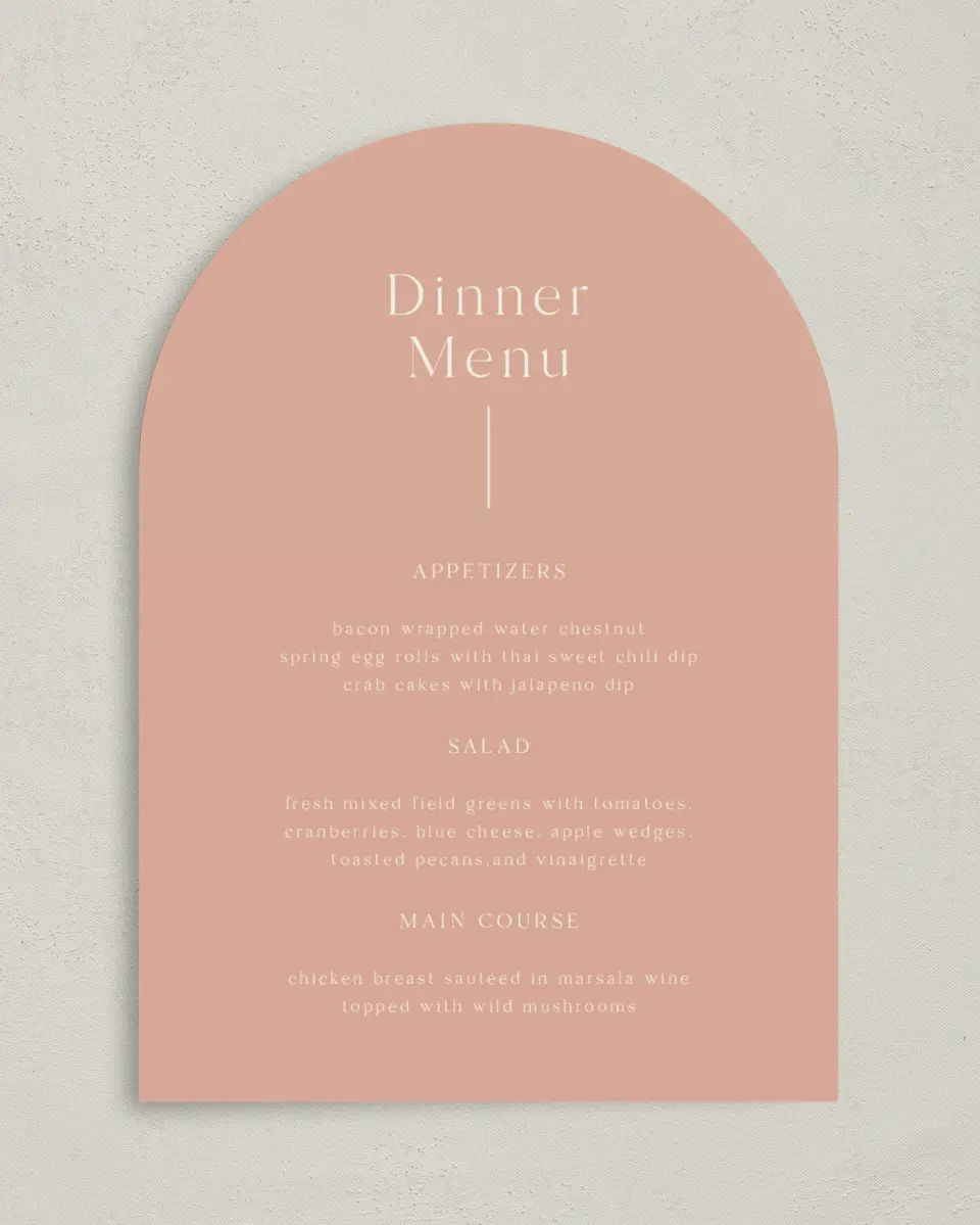 This is a 5" x 7" Wedding Menu Card called The Aubrielle printed in full color with Rose Gold foil on Luxe Satin paper