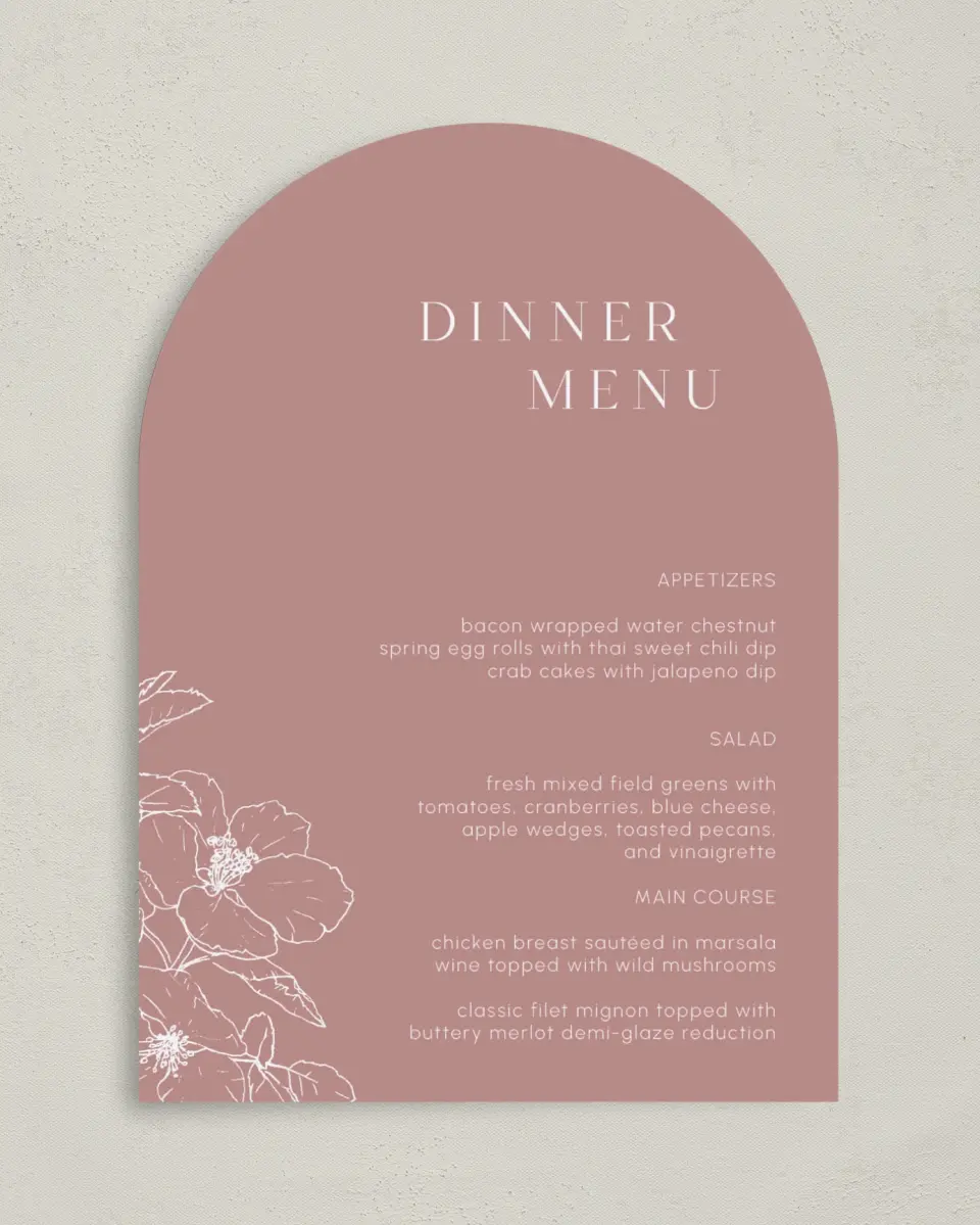 This is a 5" x 7" Wedding Menu Card called The Kinsley printed in full color with Silver foil on Luxe Satin paper