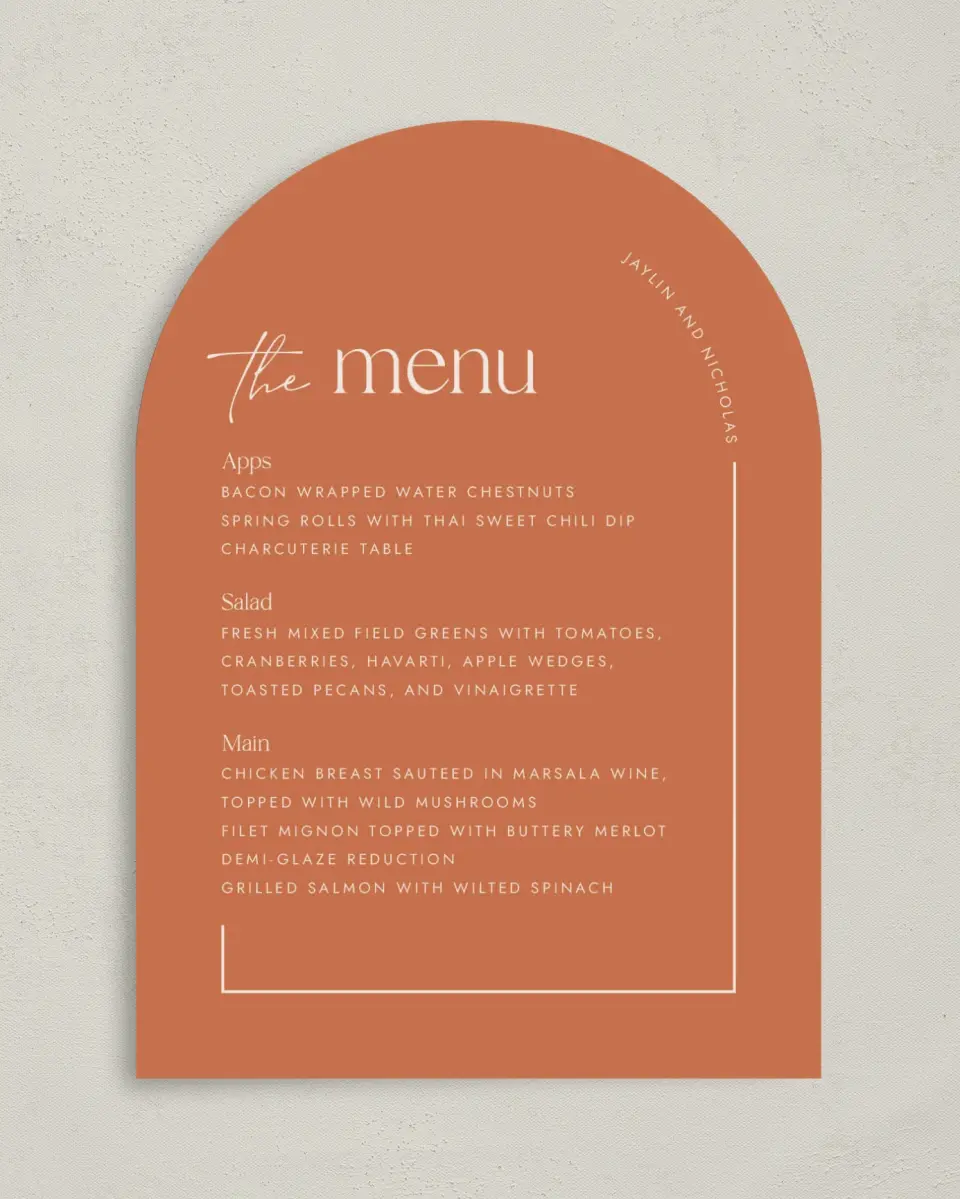 This is a 5" x 7" Wedding Menu Card called The Jaylin printed in full color with Silver foil on Luxe Satin paper