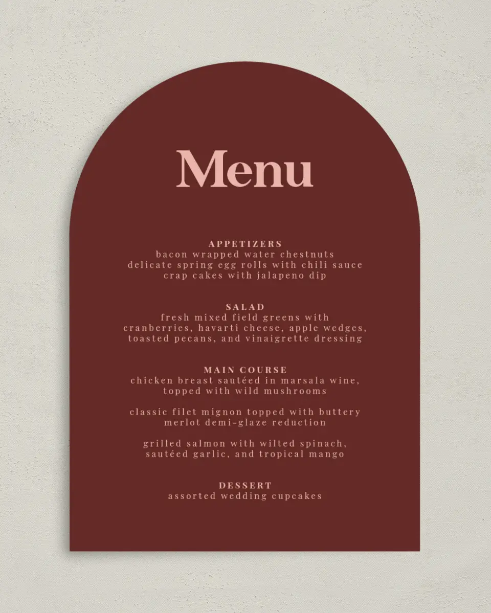 This is a 5" x 7" Wedding Menu Card called The Laura printed in full color with Rose Gold foil on Luxe Satin paper