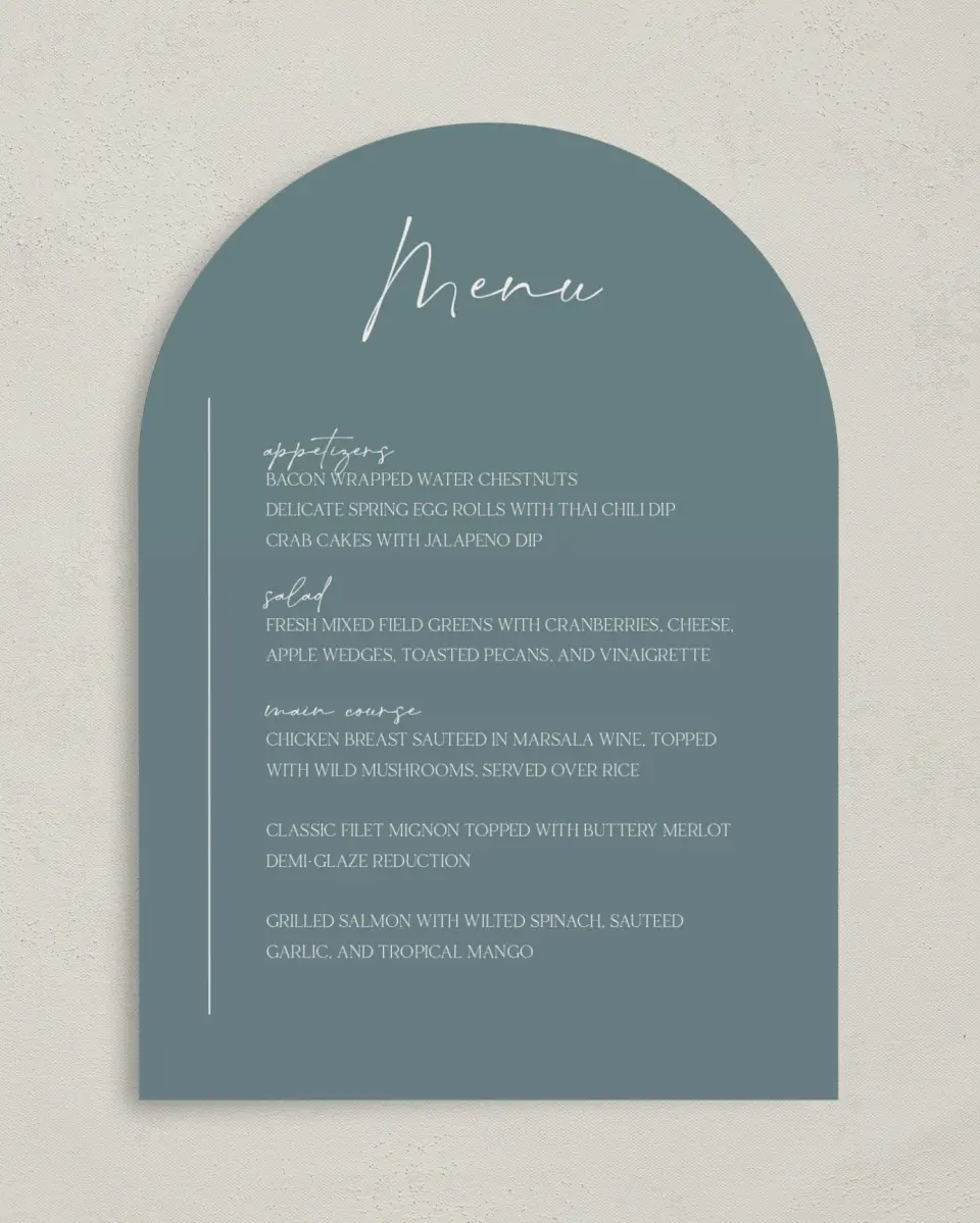 This is a 5" x 7" Wedding Menu Card called The Ashlynn printed in full color with Rose Gold foil on Luxe Satin paper