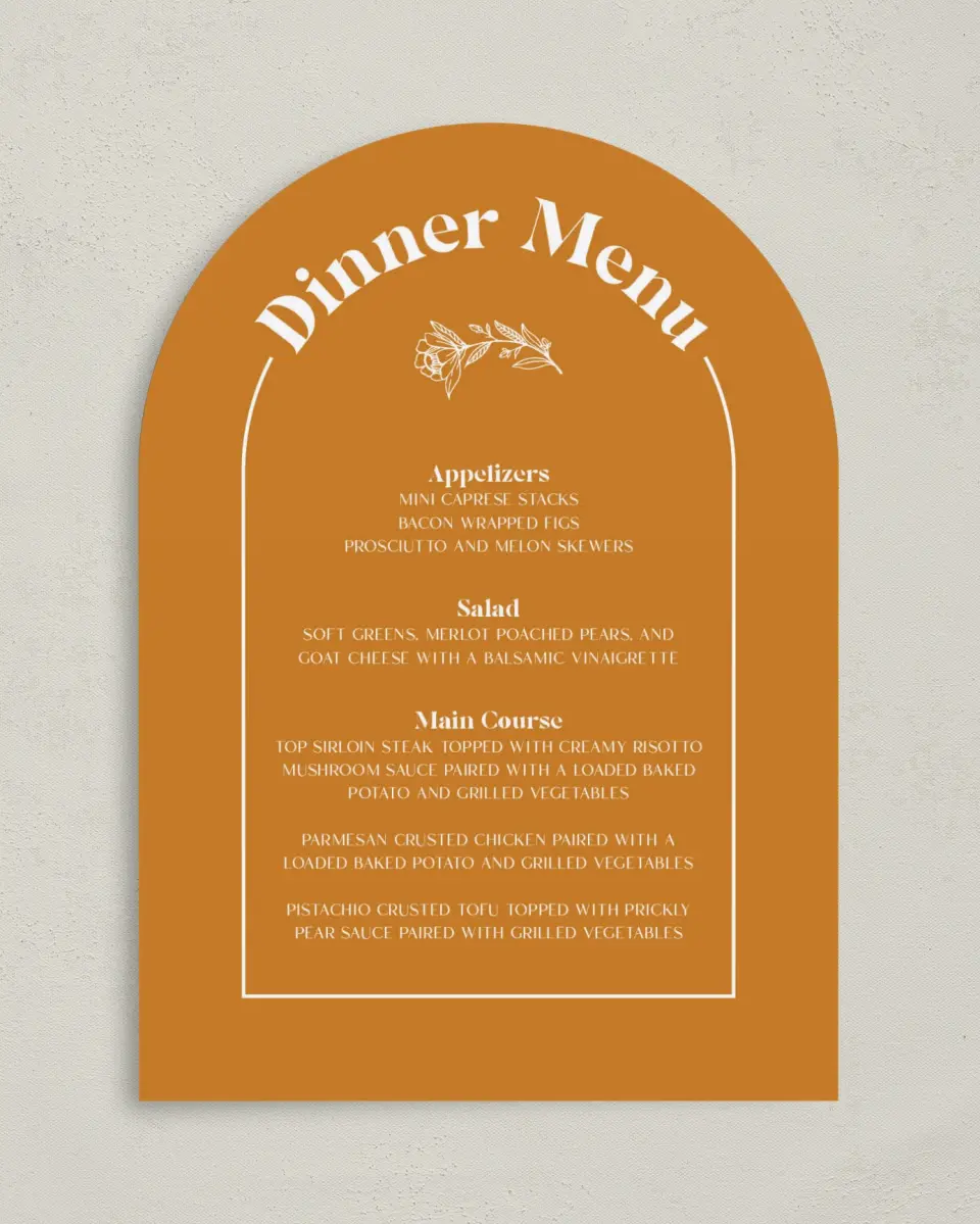 This is a 5" x 7" Wedding Menu Card called The Kandice printed in full color with Gold foil on Luxe Satin paper