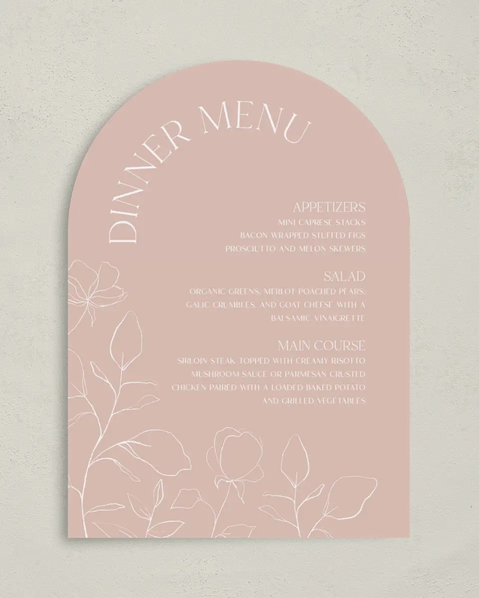 This is a 5" x 7" Wedding Menu Card called The Sadie printed in full color with Gold foil on Luxe Satin paper