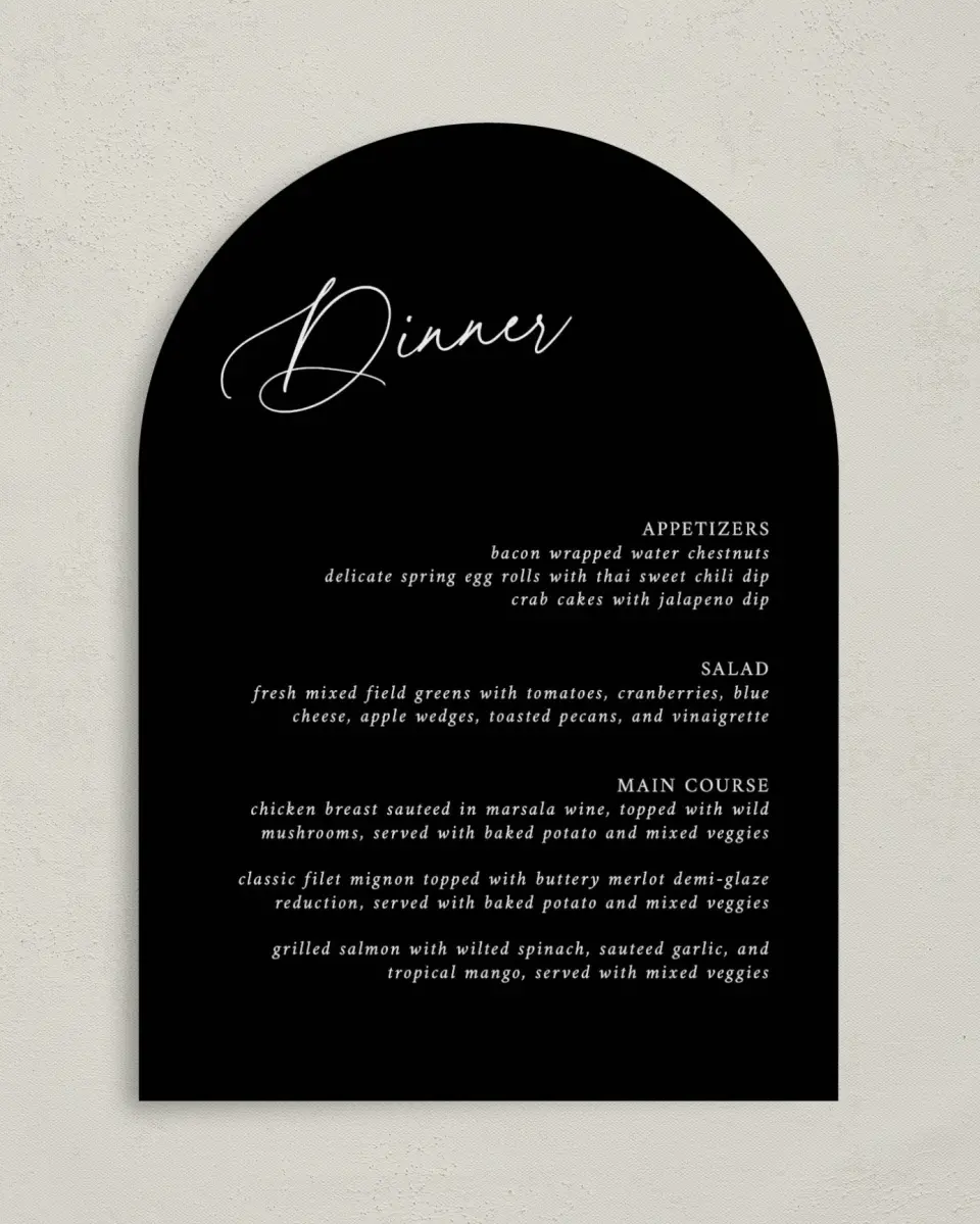 This is a 5" x 7" Wedding Menu Card called The Christina printed in full color with Gold foil on Luxe Satin paper