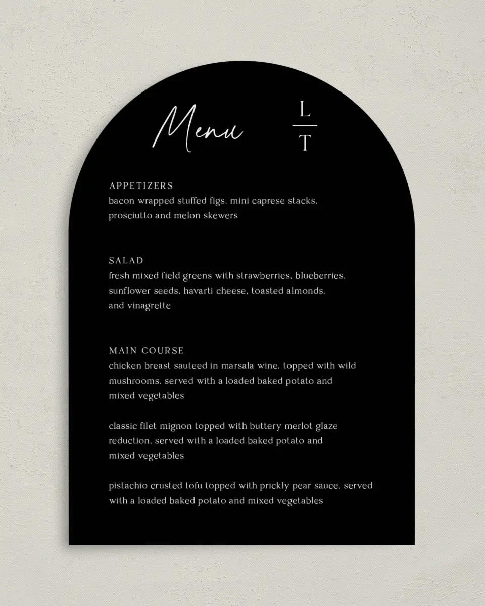 This is a 5" x 7" Wedding Menu Card called The Lauren printed in full color with Silver foil on Luxe Satin paper