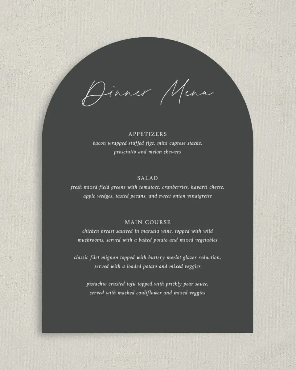 This is a 5" x 7" Wedding Menu Card called The Madelyn printed in full color with Gold foil on Luxe Satin paper