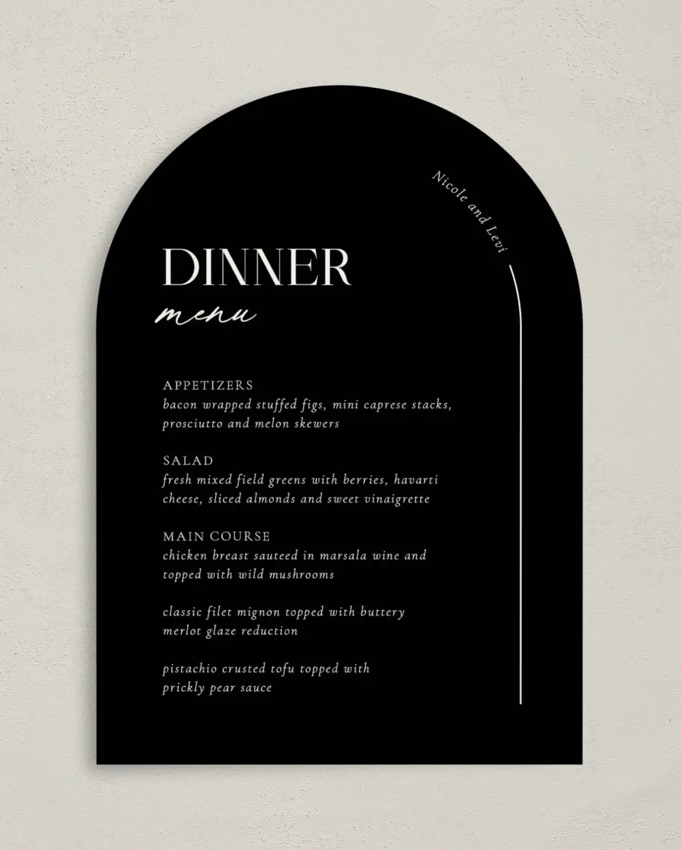 This is a 5" x 7" Wedding Menu Card called The Nicole printed in full color with Silver foil on Luxe Satin paper