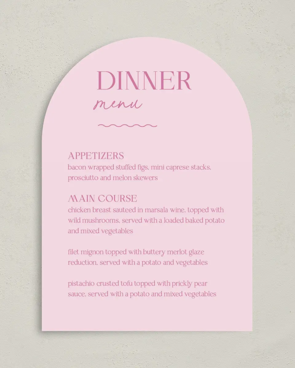 This is a 5" x 7" Wedding Menu Card called The Taylor printed in full color with Gold foil on Luxe Satin paper
