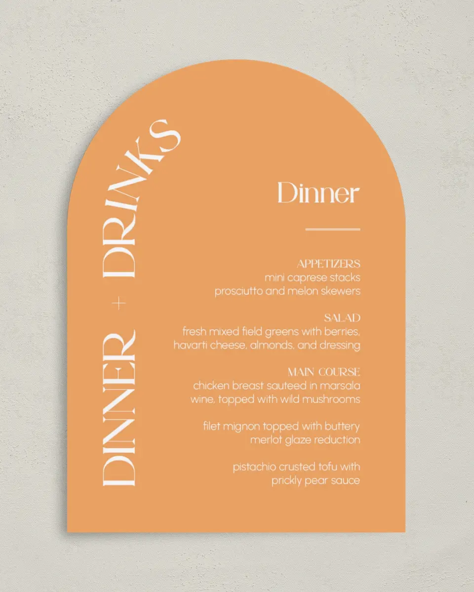 This is a 5" x 7" Wedding Menu Card called The Leah printed in full color with Rose Gold foil on Luxe Satin paper