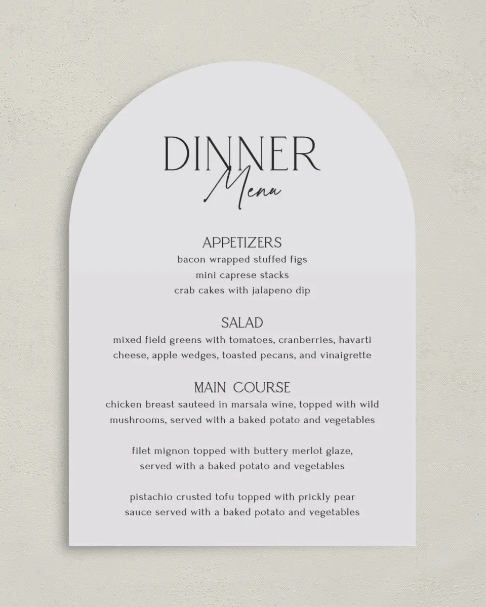 This is a 5" x 7" Wedding Menu Card called The Caroline printed in full color with Gold foil on Luxe Satin paper